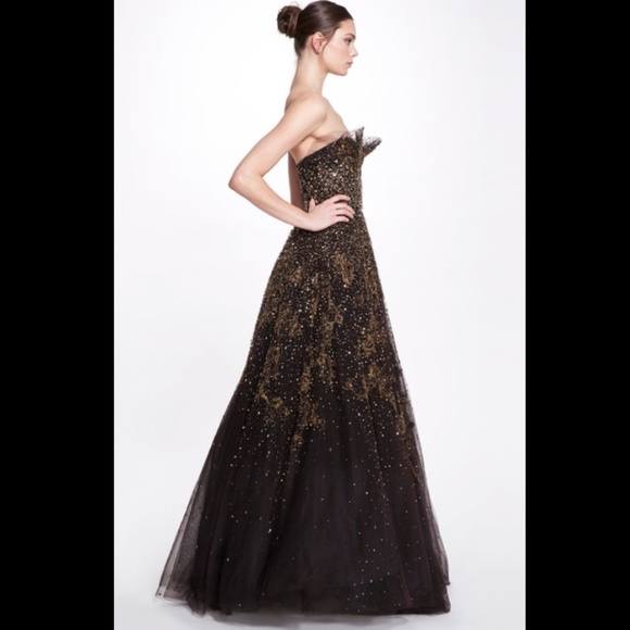 Marchesa Strapless Floral-Beaded Sequin Tulle Ballgown Chocolate US 10 - Picture 2 of 3